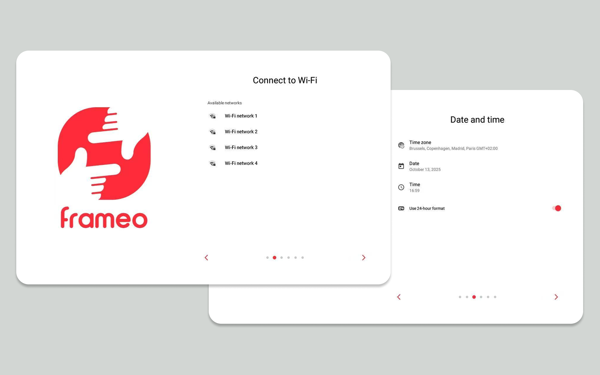 Screen displaying the Frameo app interface with Wi-Fi connection options on a gray background.