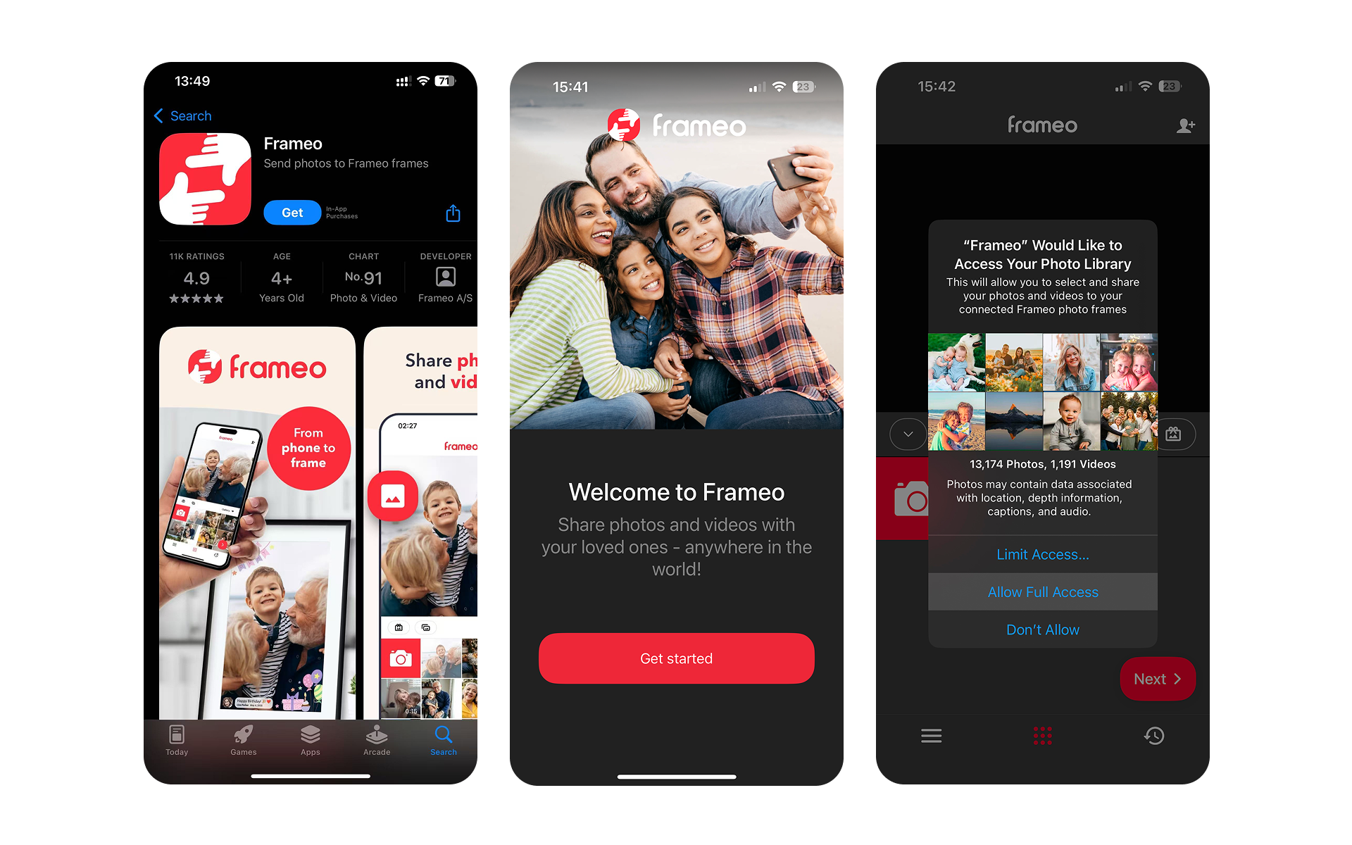 Three smartphone screens displaying the Frameo app interface.