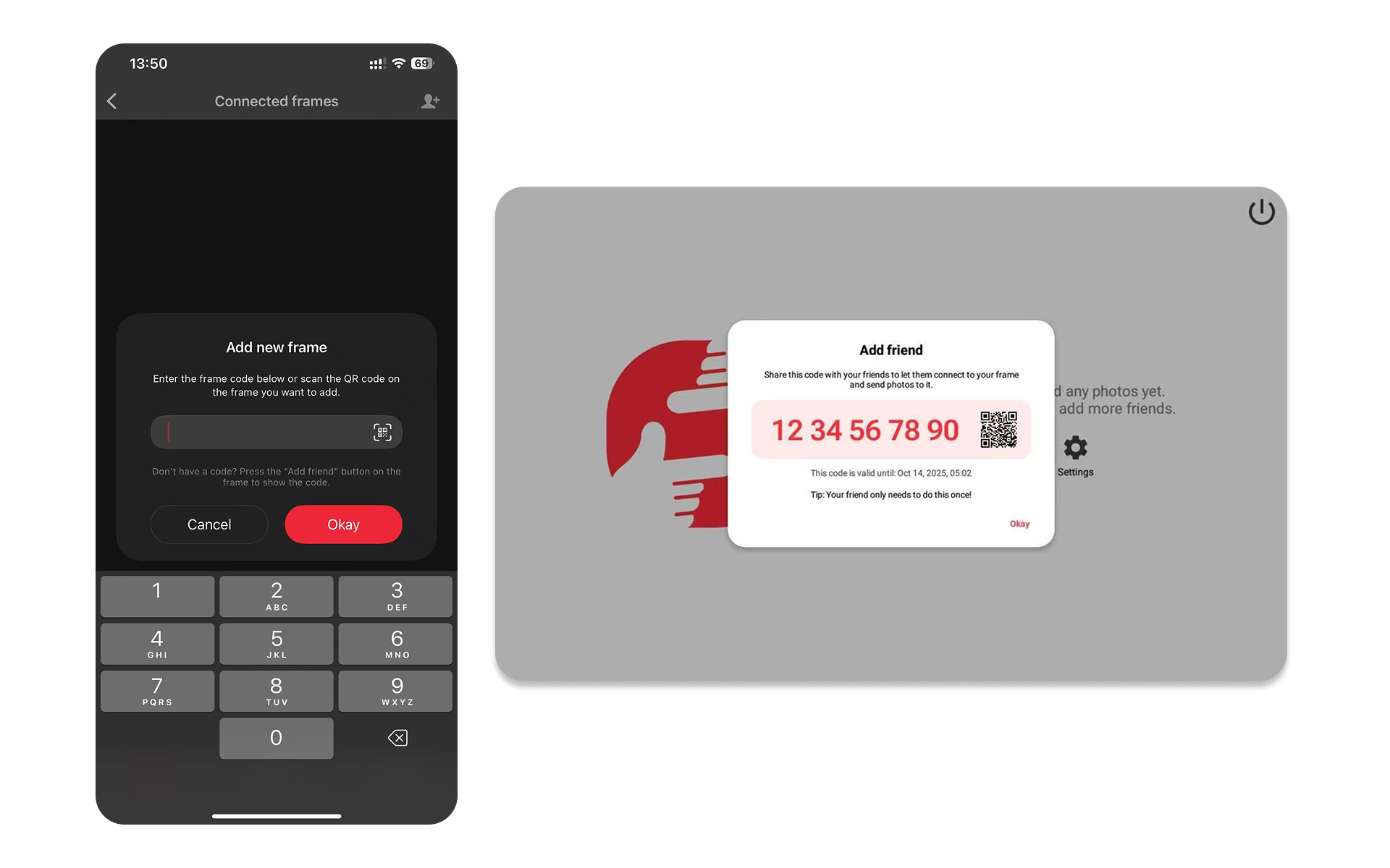 Phone app interface with a QR code scanner on a gray background