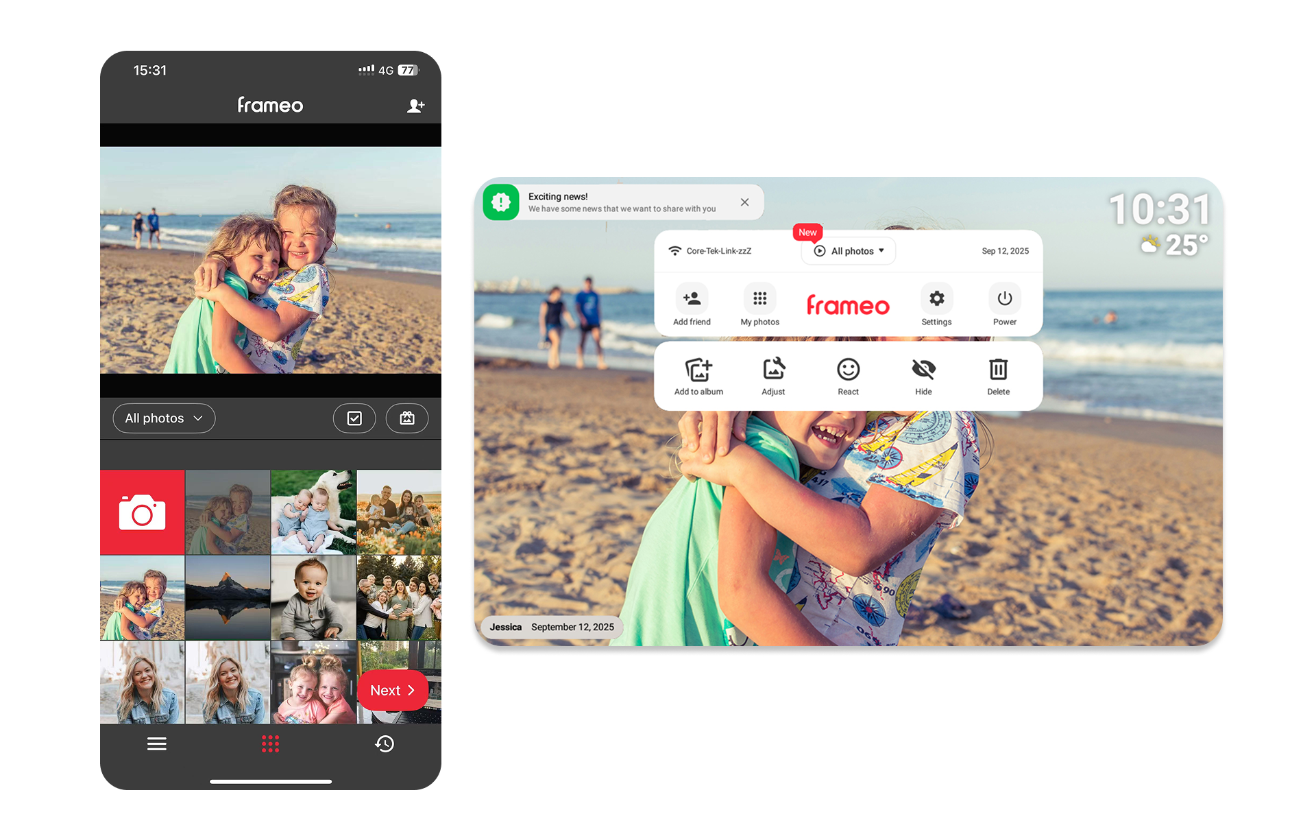 Two smartphone screens displaying the Frameo app with a beach scene in the background.