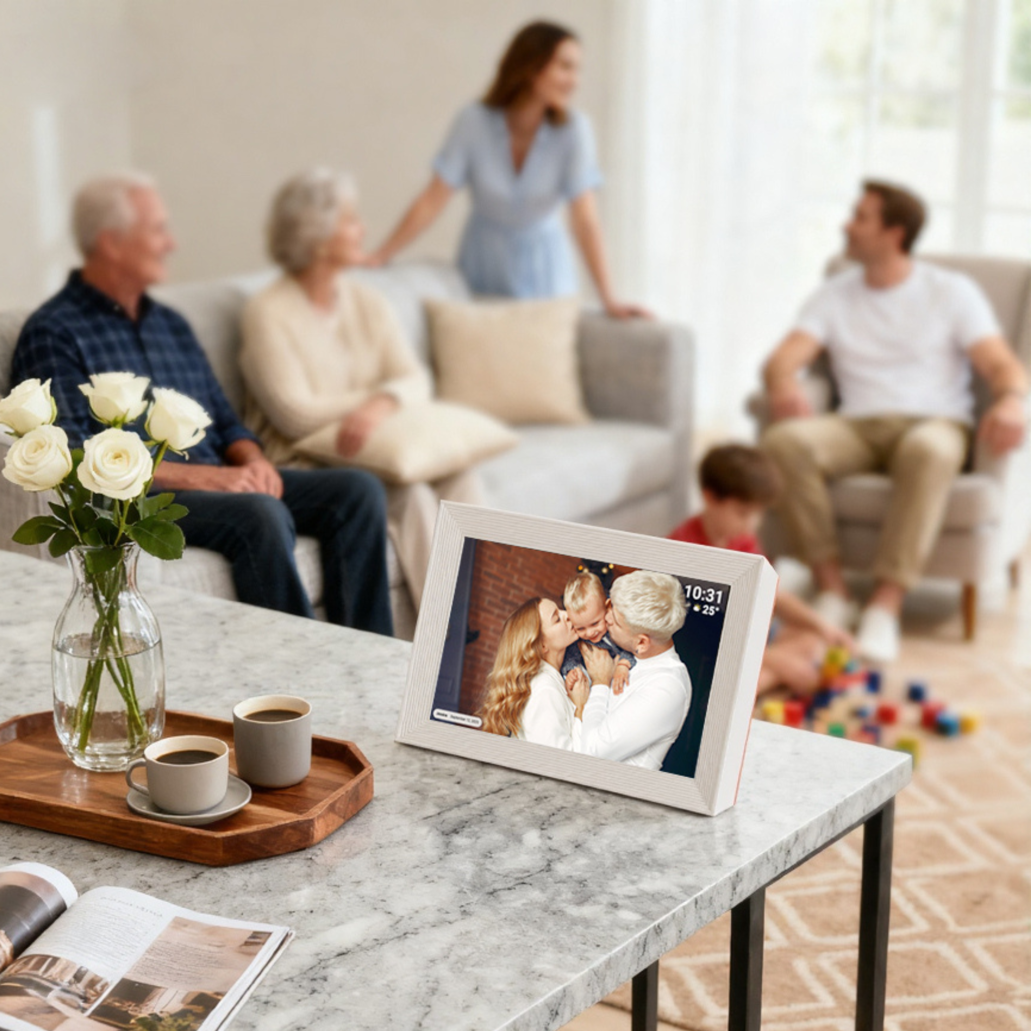 Digital photo frame on a coffee table with a family in the background