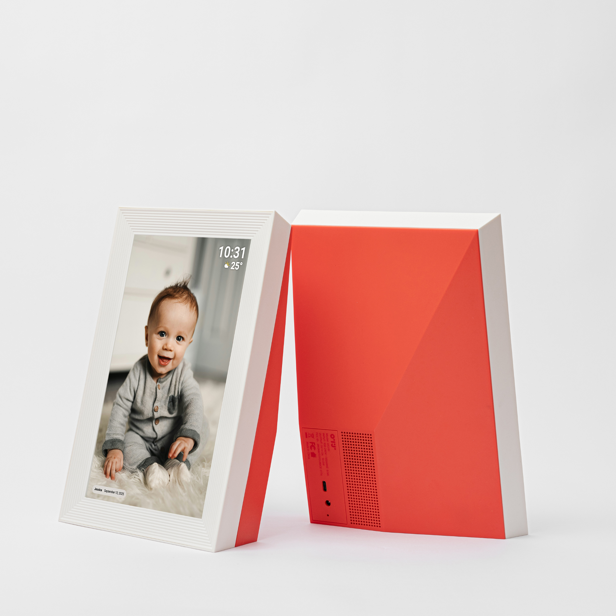 Digital photo frame with a child's picture on the left side and red back on the right side.