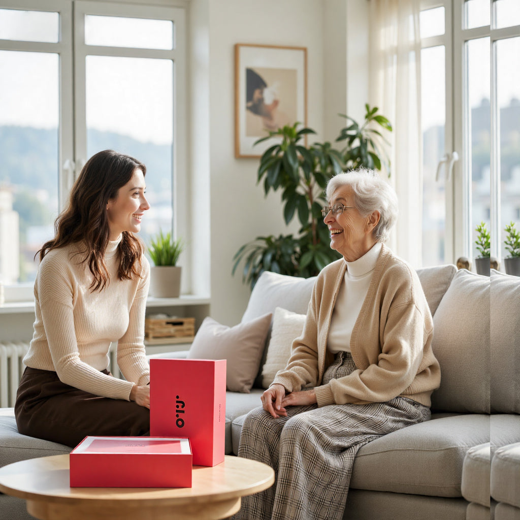 Two women sitting on a couch in a bright living room with a red box on a small table.