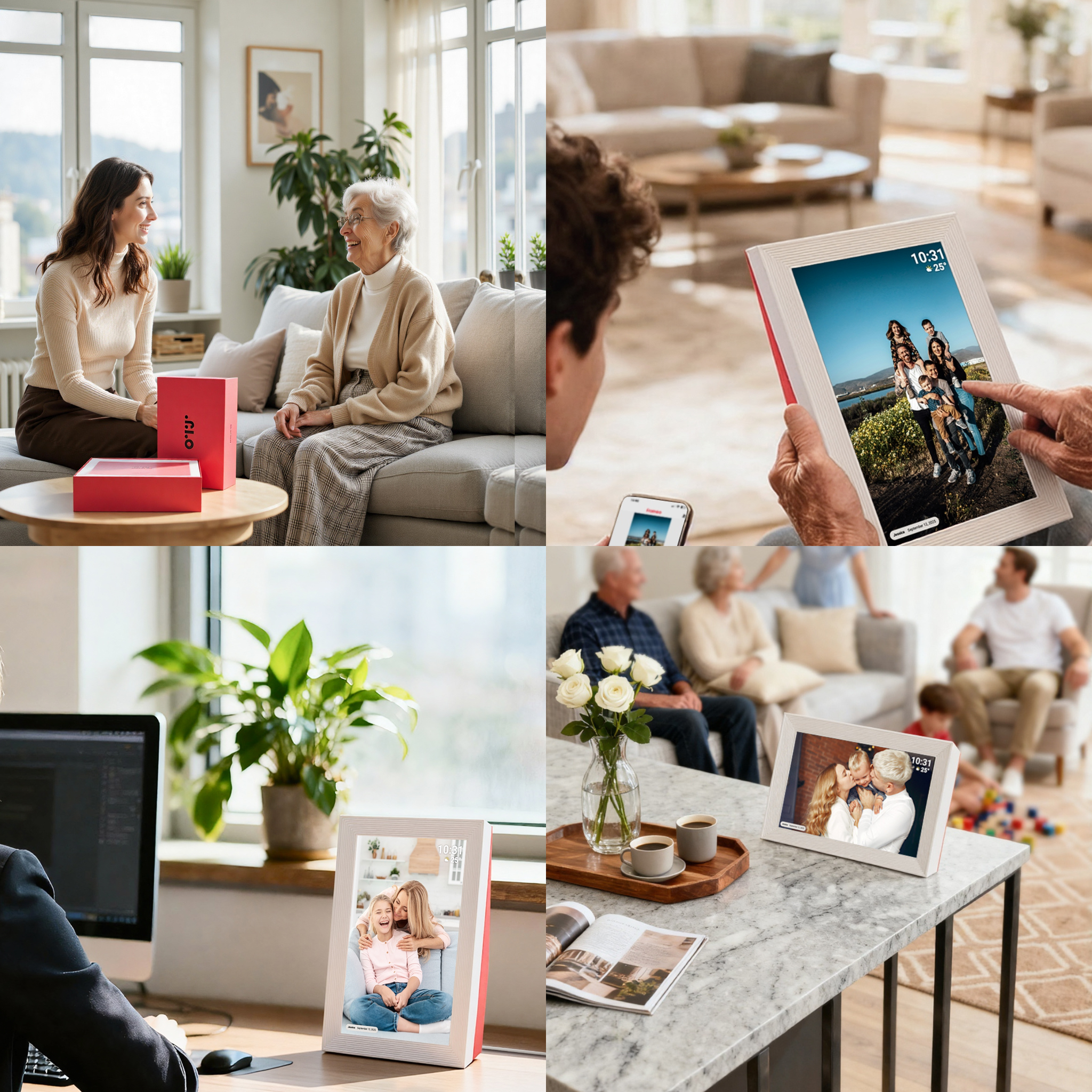 Collage of a woman and elderly woman sitting on a couch, a person holding a tablet with a photo app, a family sitting together, a digital photo frame on a table, and a person using a computer.
